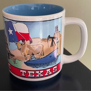 Vintage 1992 STATE OF TEXAS Ceramic Coffee Cup Mug Alamo Longhorn Oil Well Flag